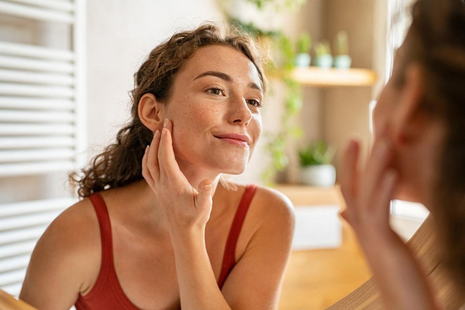 Woman checking her skin in the mirror during her UAE skincare routine